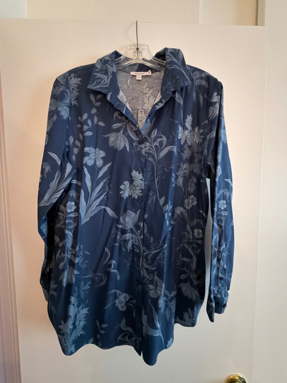 Chico’s Floral Button-Front Shirt in Passport (Navy) Blue